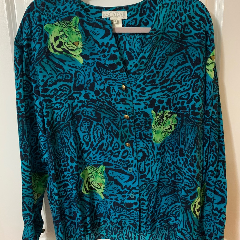 Escada long sleeve panther green blue blouse 40